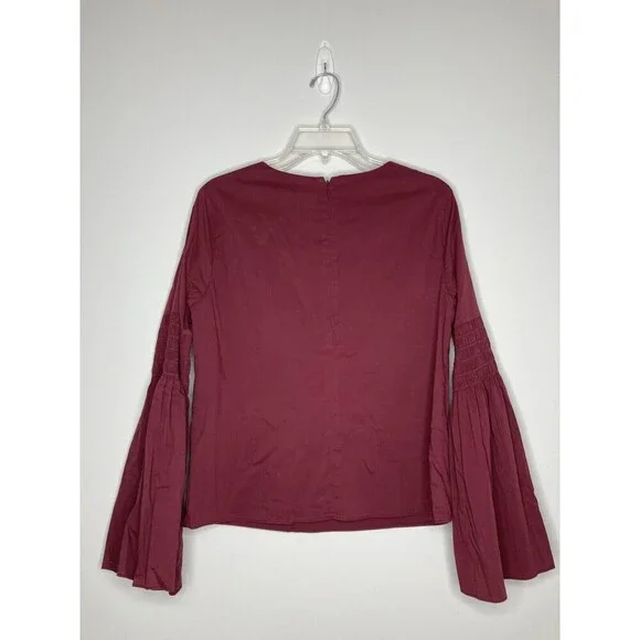 Catherine Malandrino Top Women Medium Smocked Flare Bell Sleeves Burgundy Blouse - Picture 7 of 7